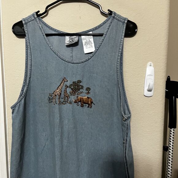 VTG 90'S Denim DRESS JUMPER Embroidered Safari animals Midi sz Small - Picture 2 of 7